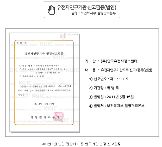 유전자연구기관신고필증